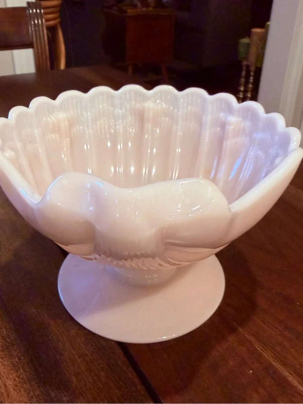 Vintage Cambridge Glass Co. Crown Tuscan seashell pedestal bowl Opalescent Pink